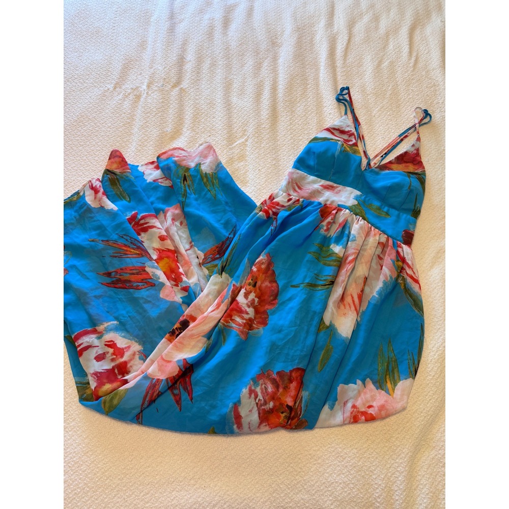Bisou Bisou Michele Bohbot Blue Floral Maxi Dress V-Neck Strappy Back Size 8